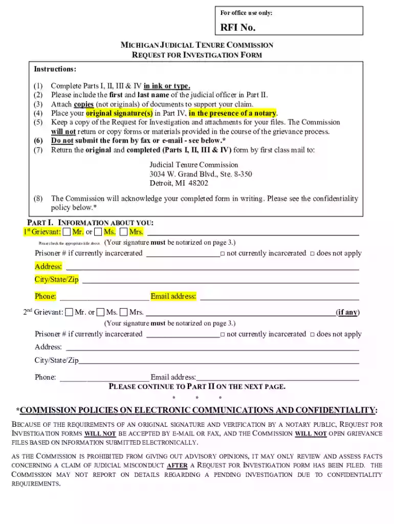 Request for Investigation Form Preview on Page 1