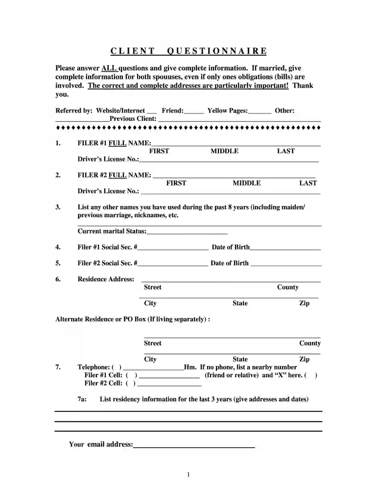 Client Questionnaire for Bankruptcy Preview on Page 1
