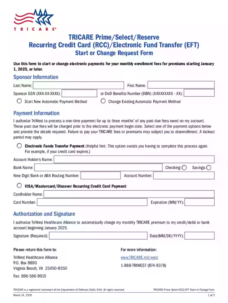 Tricare Prime select reserve Recurring Credit Card (rcc) electronic Fund Transfer (eft) Start or Cha Preview on Page 1