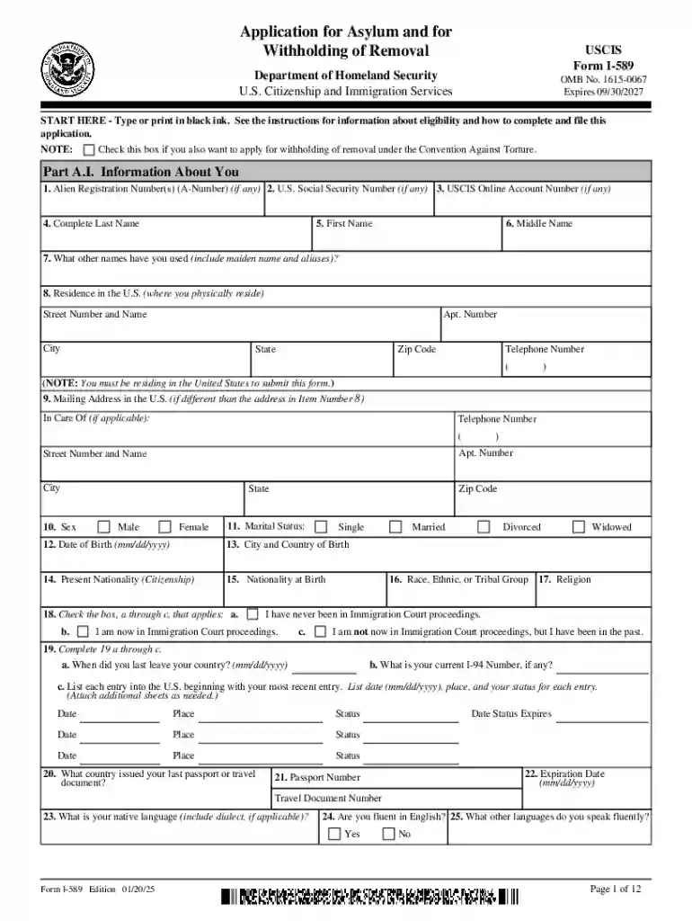 Form I-589, Application for Asylum and for Withholding of Removal Preview on Page 1