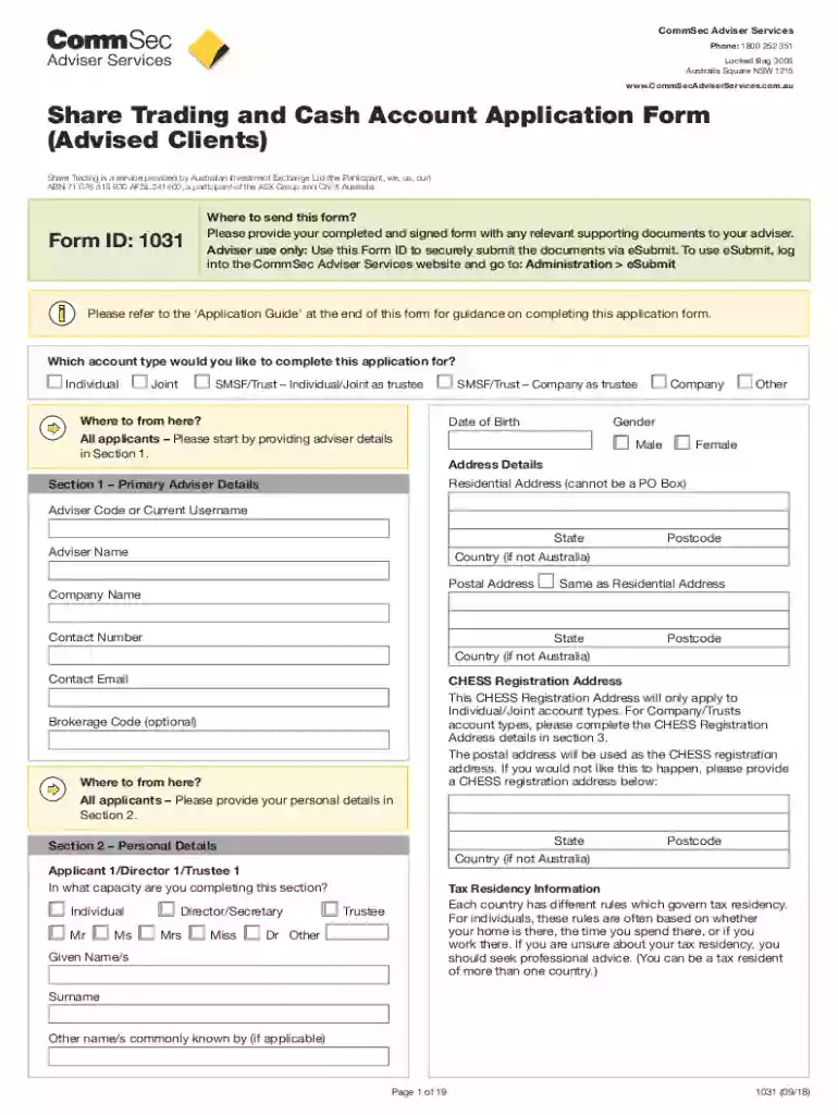 Share Trading and Cash Account Application Form Preview on Page 1