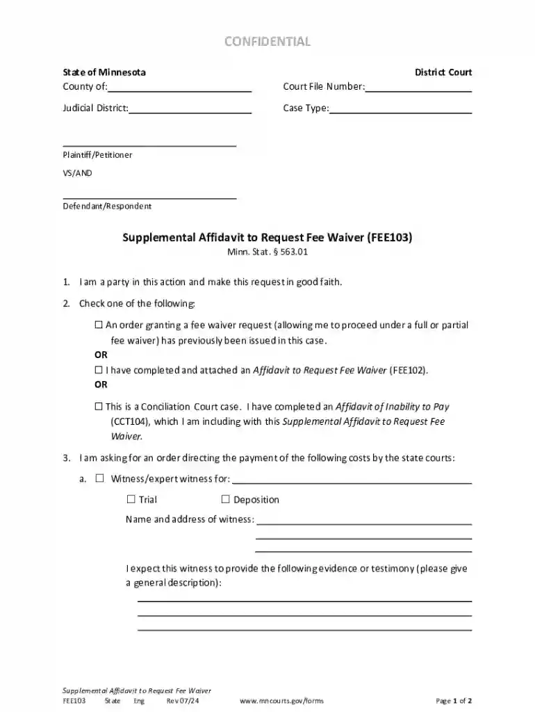 Supplemental Affidavit to Request Fee Waiver (fee103) Preview on Page 1