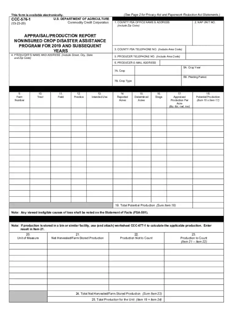 CCC-576-1 Appraisal Production Report Noninsured Crop Disaster Assistance Program for 2019 and Subse Preview on Page 1
