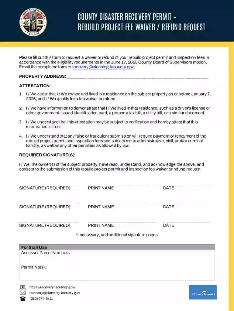 County Disaster Recovery Permit Rebuild Project Fee Waiver Refund Request Preview on Page 1