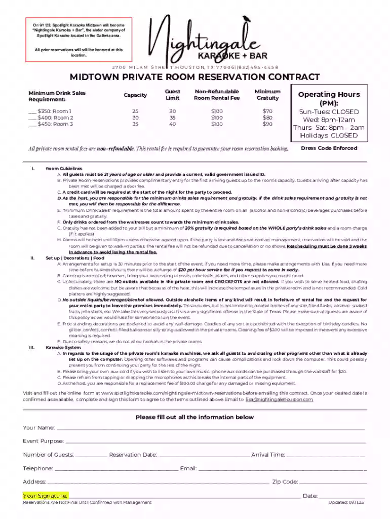 Nightingale Karaoke Private Room Reservation Contract Preview on Page 1