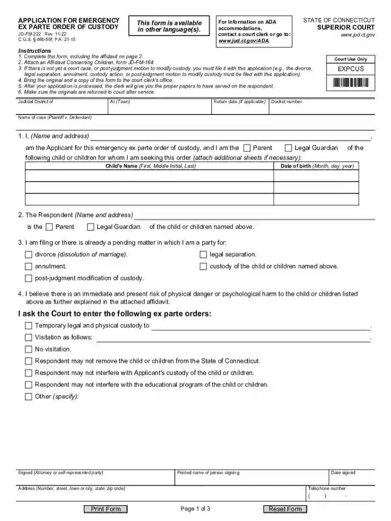 APPLICATION FOR EMERGENCY EX PARTE ORDER OF CUSTODY Preview on Page 1
