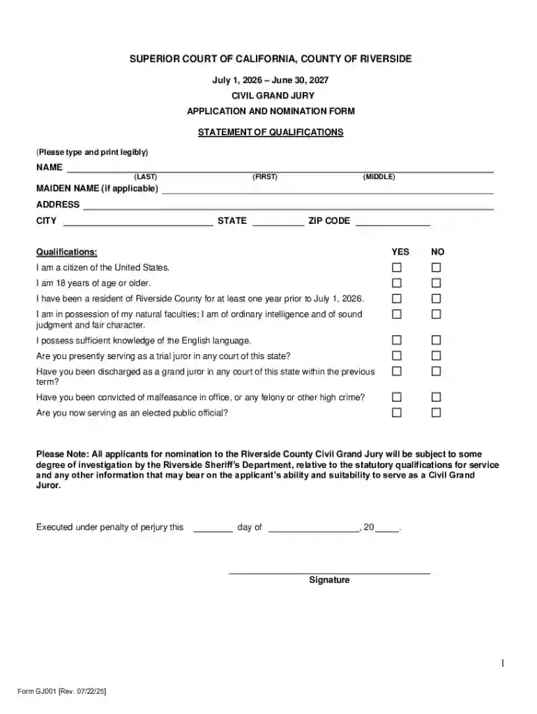 Civil Grand Jury Application and Nomination Form Preview on Page 1