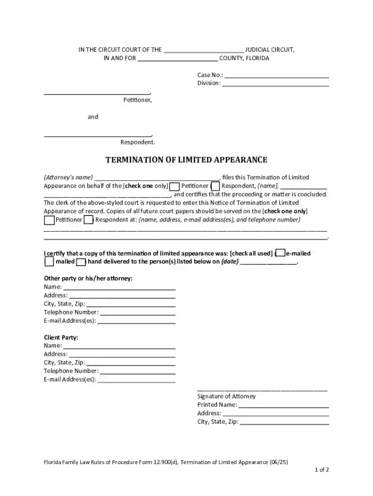 Florida Termination of Limited Appearance Form Preview on Page 1