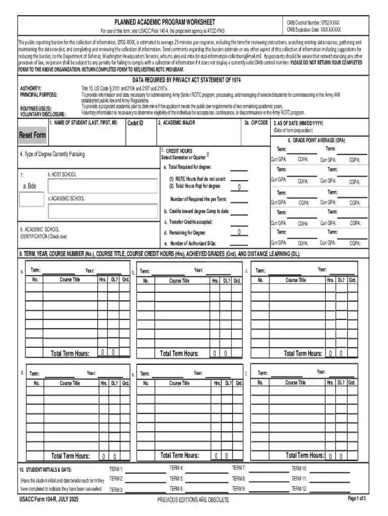 US Army ROTC Academic Program Worksheet Preview on Page 1
