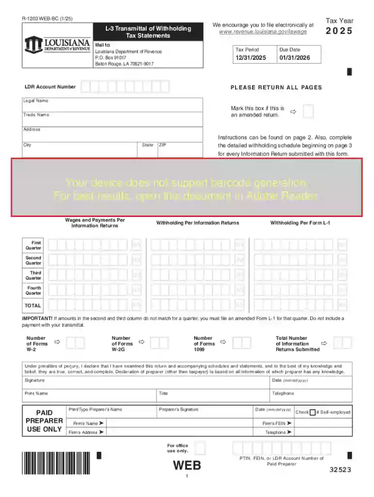 Louisiana L-3 Transmittal of Withholding Preview on Page 1