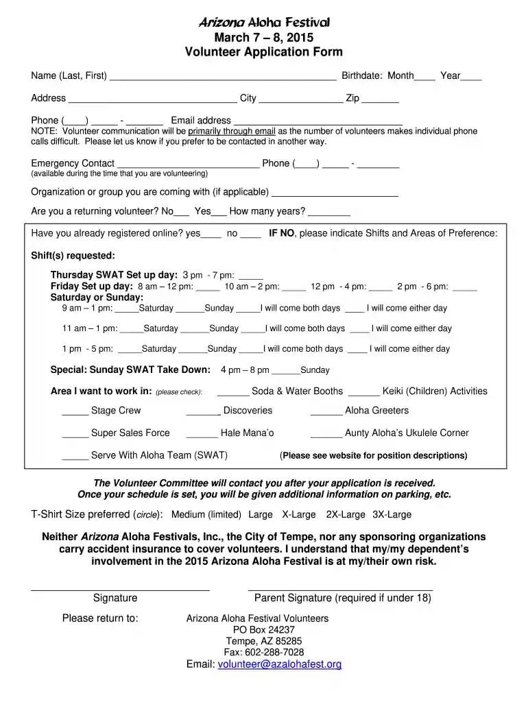 Arizona Aloha Festival March 7 8, 2015 Volunteer Application Form Preview on Page 1