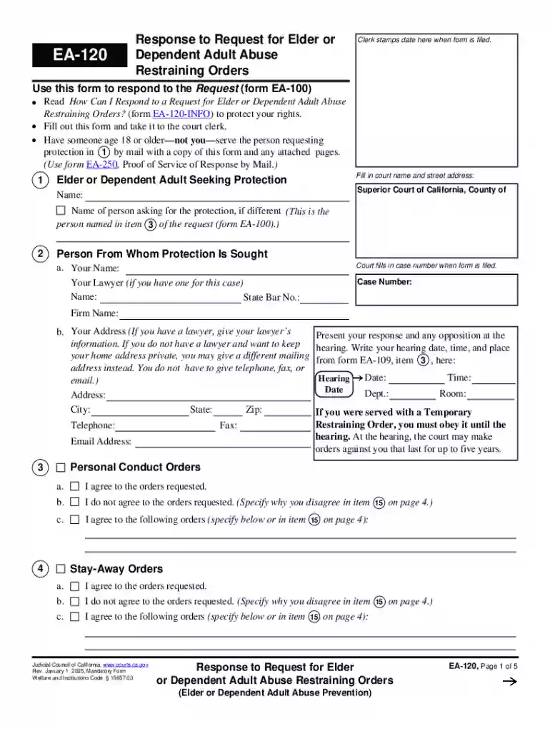 EA-120 Response to Request for Elder or Dependent Adult Abuse Restraining Orders Preview on Page 1