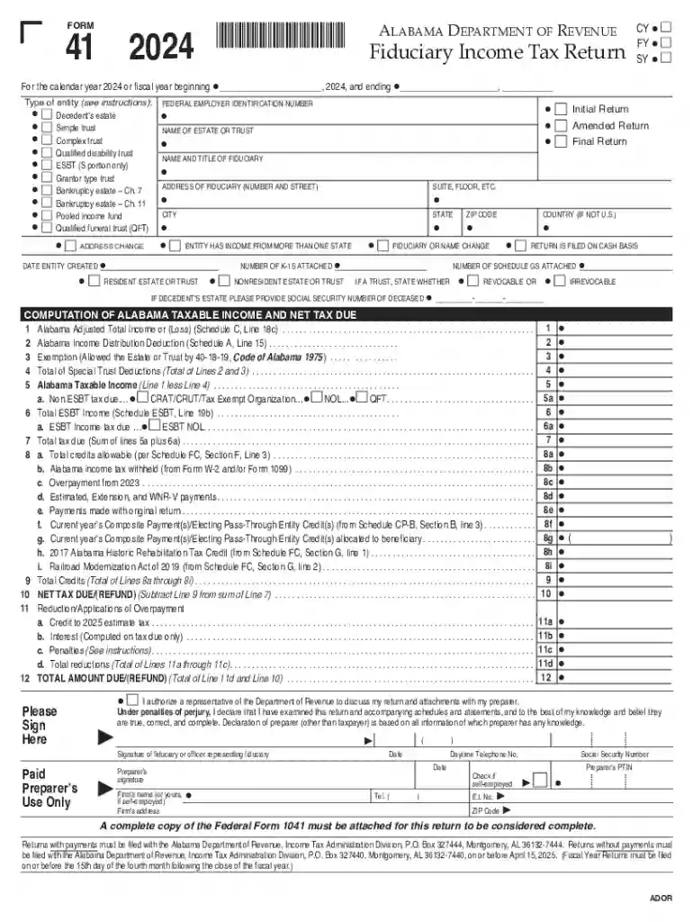 Alabama Fiduciary Income Tax Return Preview on Page 1