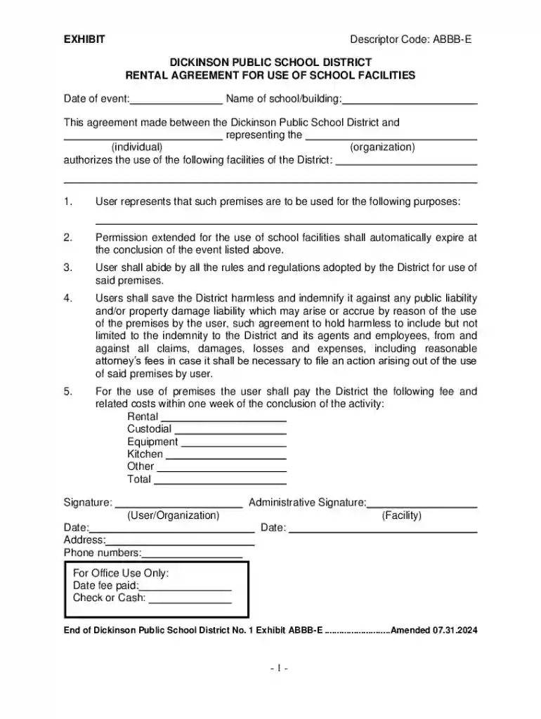 Rental Agreement for Use of School Facilities Preview on Page 1