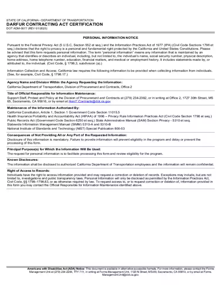 Darfur Contracting Act Certification Preview on Page 1