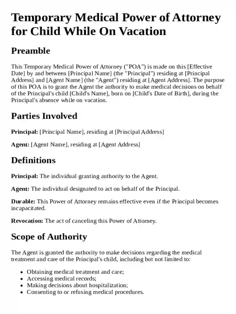 Temporary Medical Power of Attorney for Child While On Vacation Template Preview on Page 1