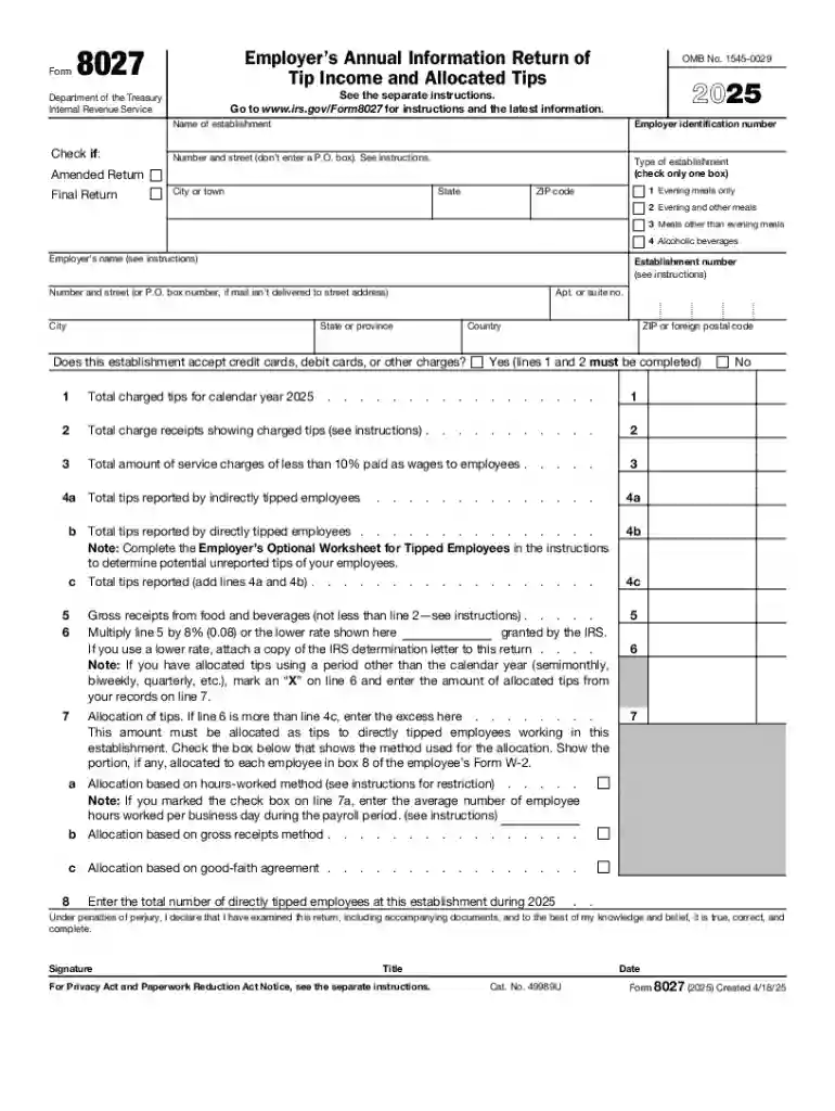 About Form 8027, Employer's Annual Information Return of Preview on Page 1