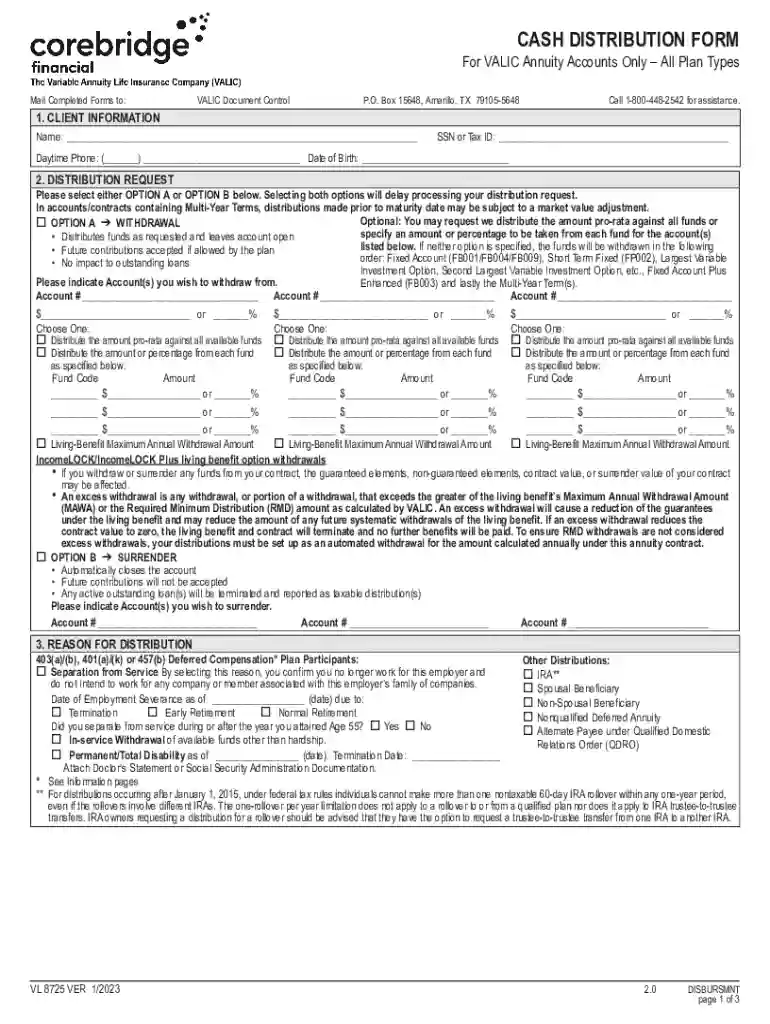 VALIC Annuity Cash Distribution Form Preview on Page 1