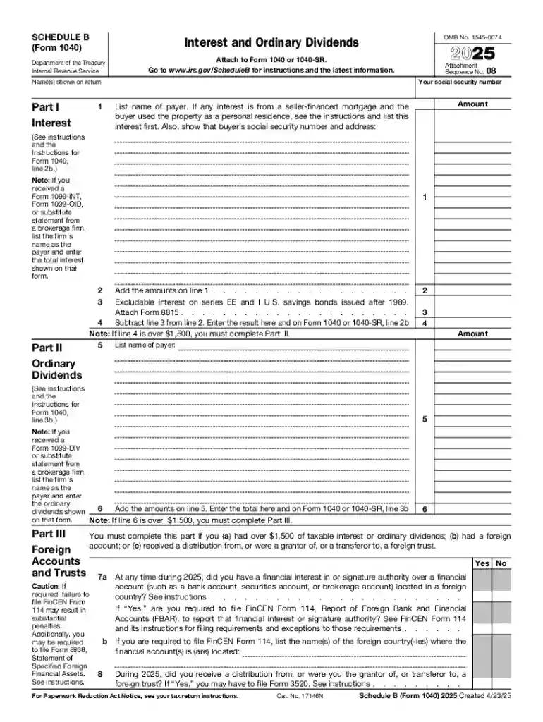 2025 Schedule B (Form 1040) Interest and Ordinary Dividends Preview on Page 1