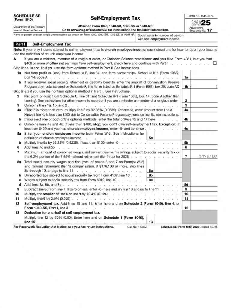 2025 Schedule SE (Form 1040) Self-Employment Tax Preview on Page 1