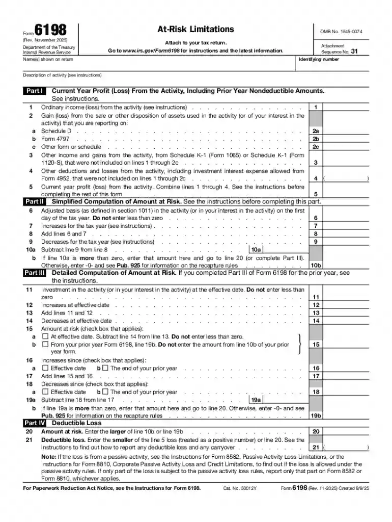 Desktop: Form 6198 - At-Risk Limitations Preview on Page 1
