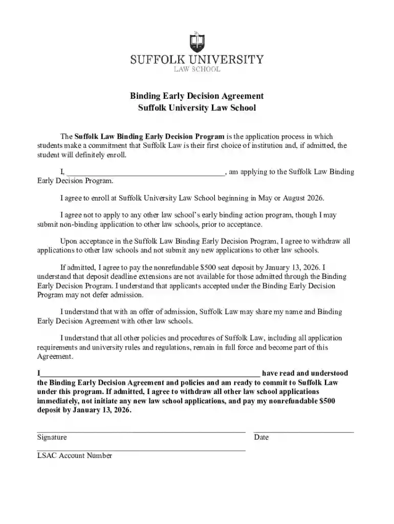 Binding Early Decision Agreement Suffolk University Law School Preview on Page 1