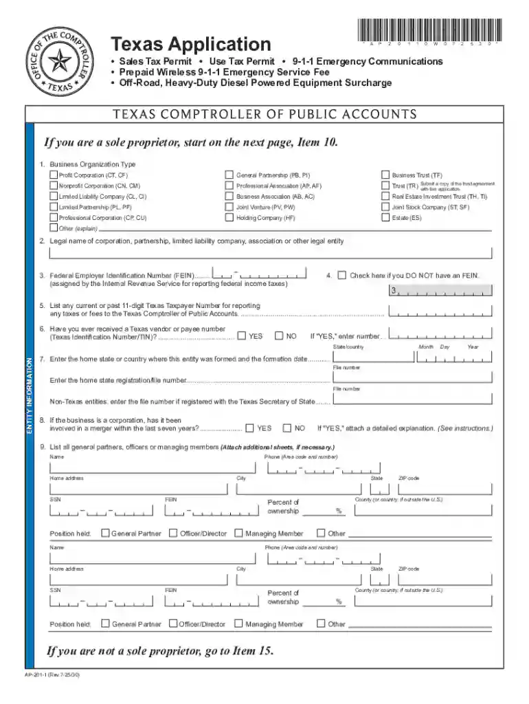 Form AP-201 Texas Application for Sales Tax Permit and Preview on Page 1