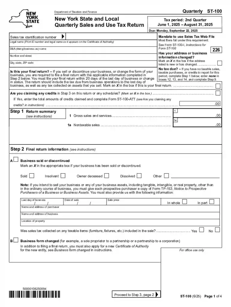 Form ST-100 New York State and Local Quarterly Sales and Use Tax Return Revised 6 25 Preview on Page 1