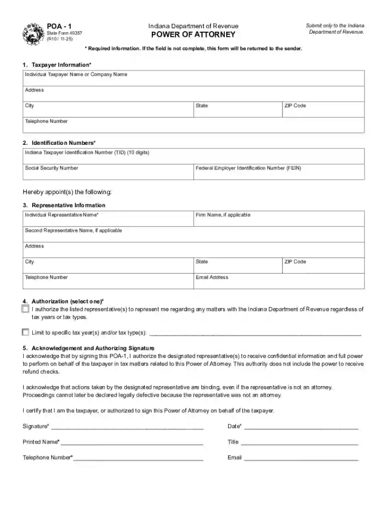 Free Indiana Tax Power of Attorney (Form 49357)PDF Preview on Page 1