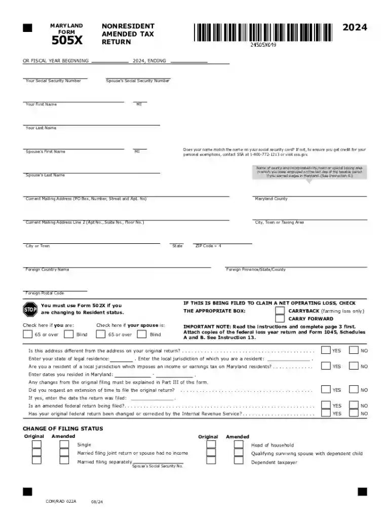 2024 Maryland Form 505X Nonresident Amended Tax Return 2024 505X Non-Resident Amended Tax Return Preview on Page 1