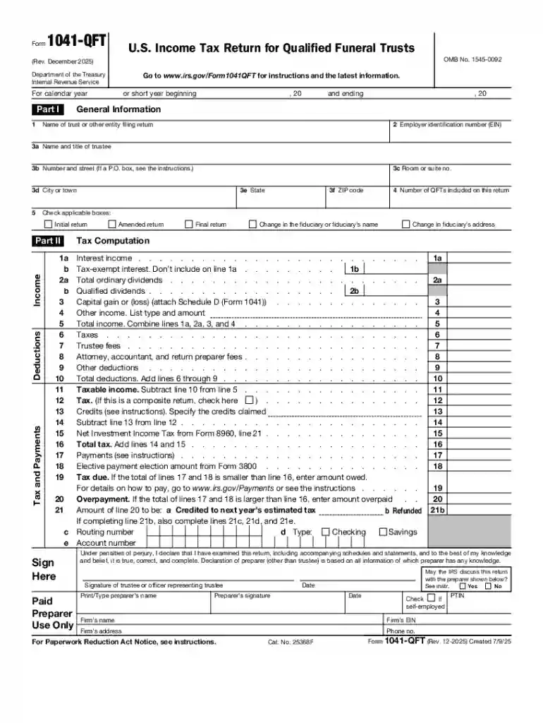 Form 1041-QFT (Rev December 2025) U S Income Tax Return for Qualified Funeral Trusts Preview on Page 1