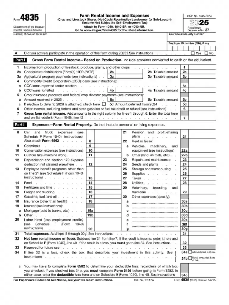 Form 4835, farm rental income and expenses (crop and Preview on Page 1