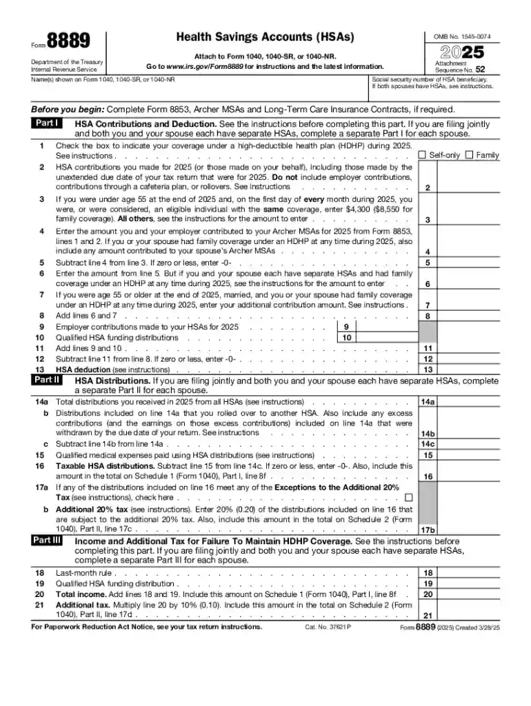 2025 Form 8889 Health Savings Accounts (HSAs) Preview on Page 1
