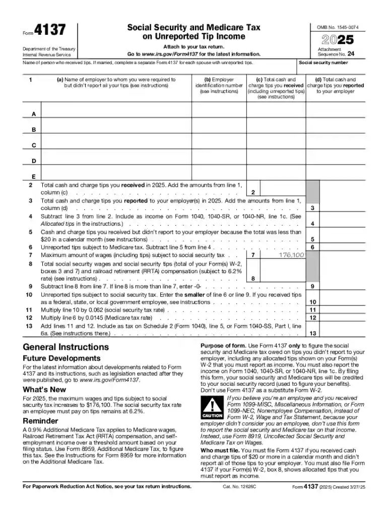 2025 Form 4137 Social Security and Medicare Tax on Unreported Tip Income Preview on Page 1