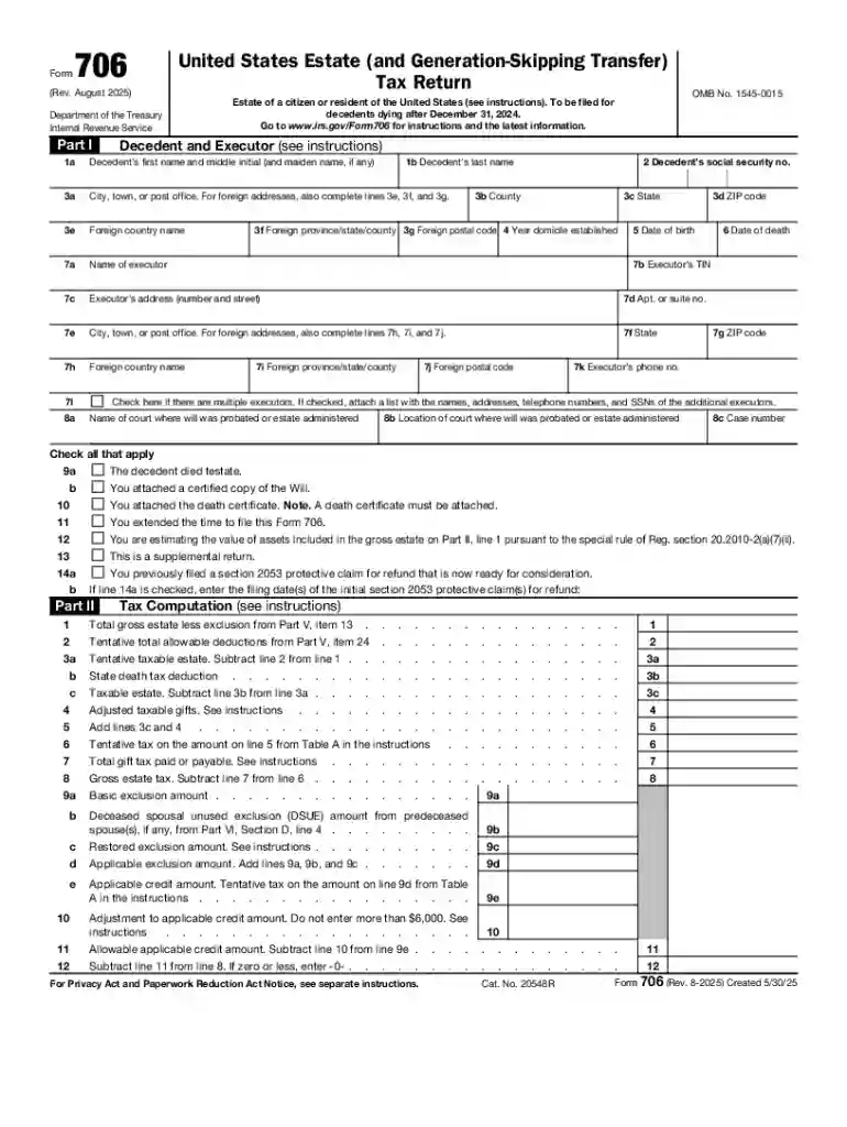 Form 706 (Rev August 2025) United States Estate (and Generation-Skipping Transfer) Tax Return Preview on Page 1