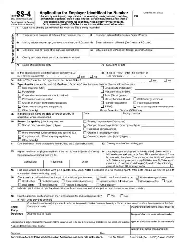 IRS Form SS-4 Application for Employer Identification Number Preview on Page 1