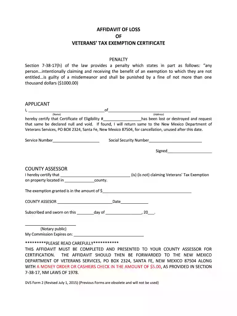 AFFIDAVIT OF LOSS OF VETERANS ' TAX EXEMPTION Preview on Page 1