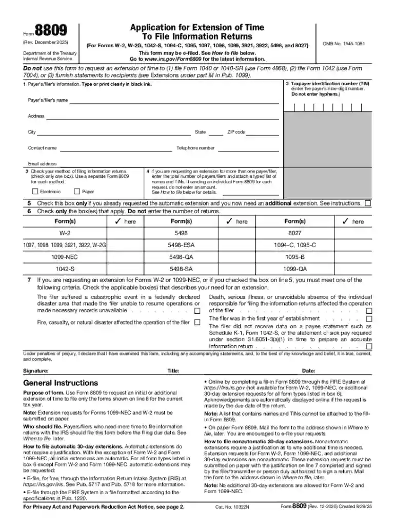 IRS Revises Form 8809 (Application for Extension of Time To Preview on Page 1
