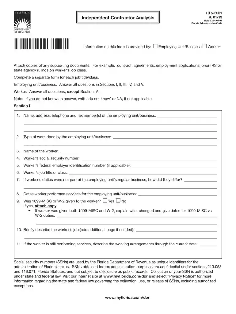 Independent Contractor Analysis - Florida Department of Revenue Preview on Page 1