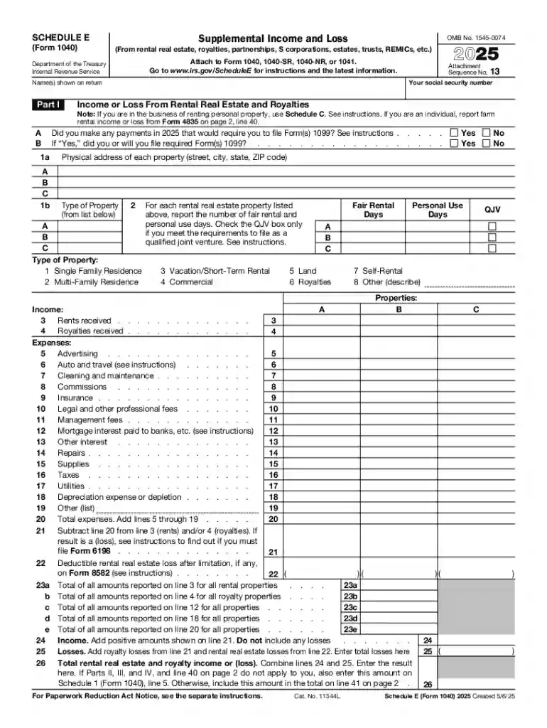 2025 Schedule E (Form 1040) Preview on Page 1
