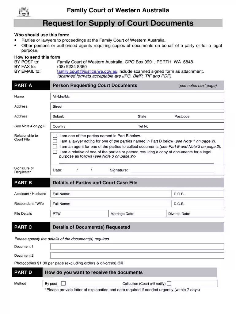 how to fill in form request for suppl of court documents western australia Preview on Page 1