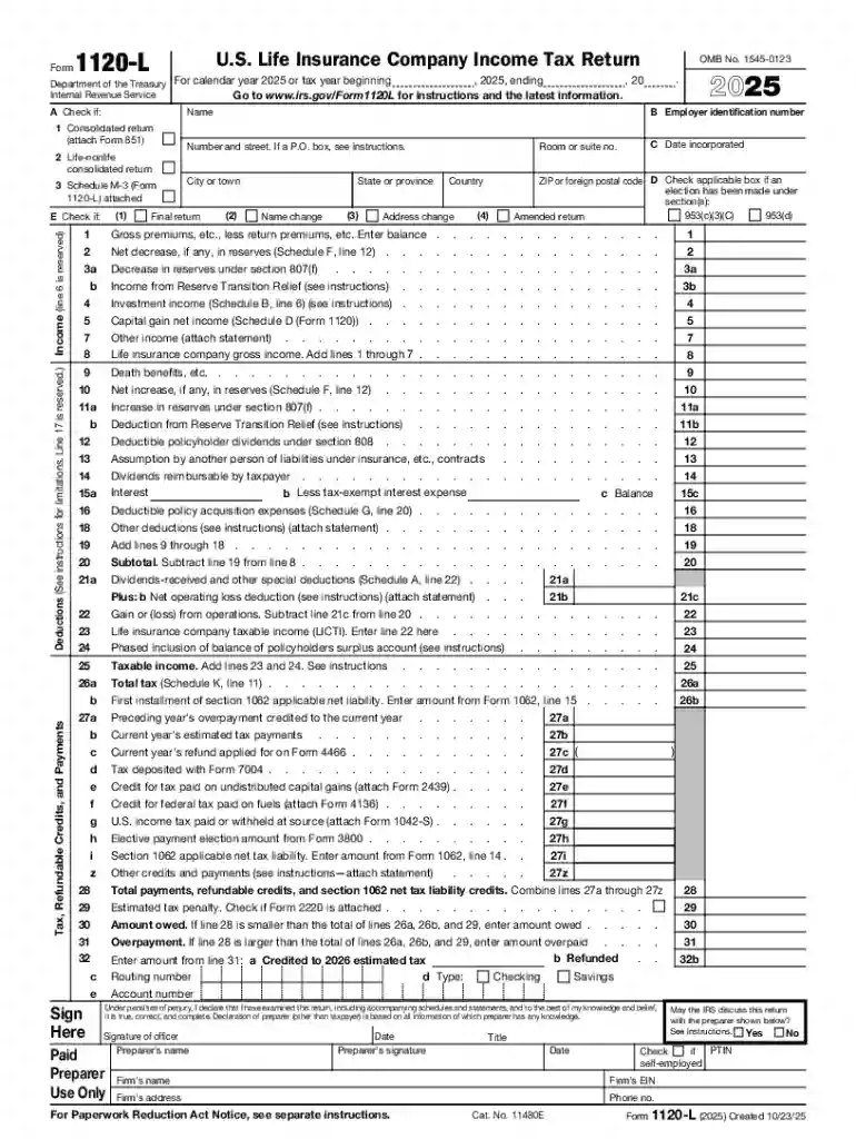 Instructions for Form 1120-L, U S Life Insurance Company Preview on Page 1