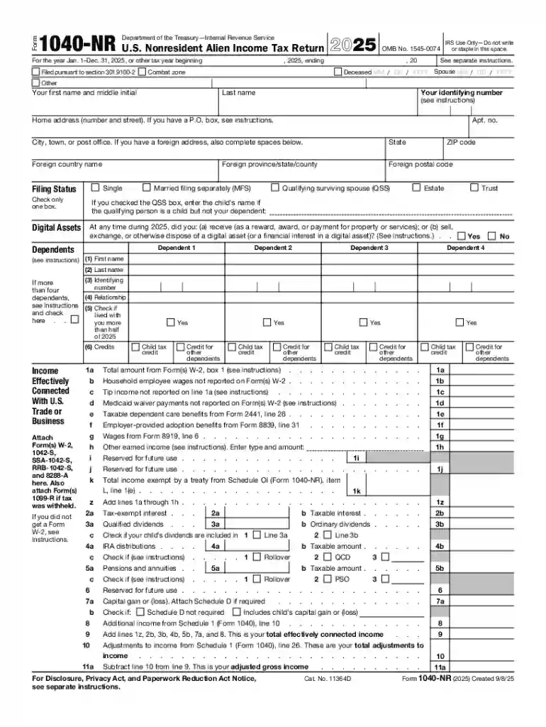 U S Nonresident Alien Income Tax Return Form 1040NR Preview on Page 1