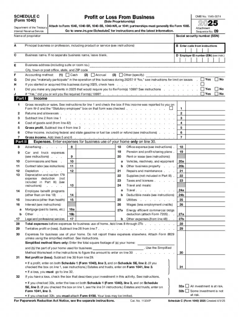 2025 Schedule C (Form 1040) Preview on Page 1