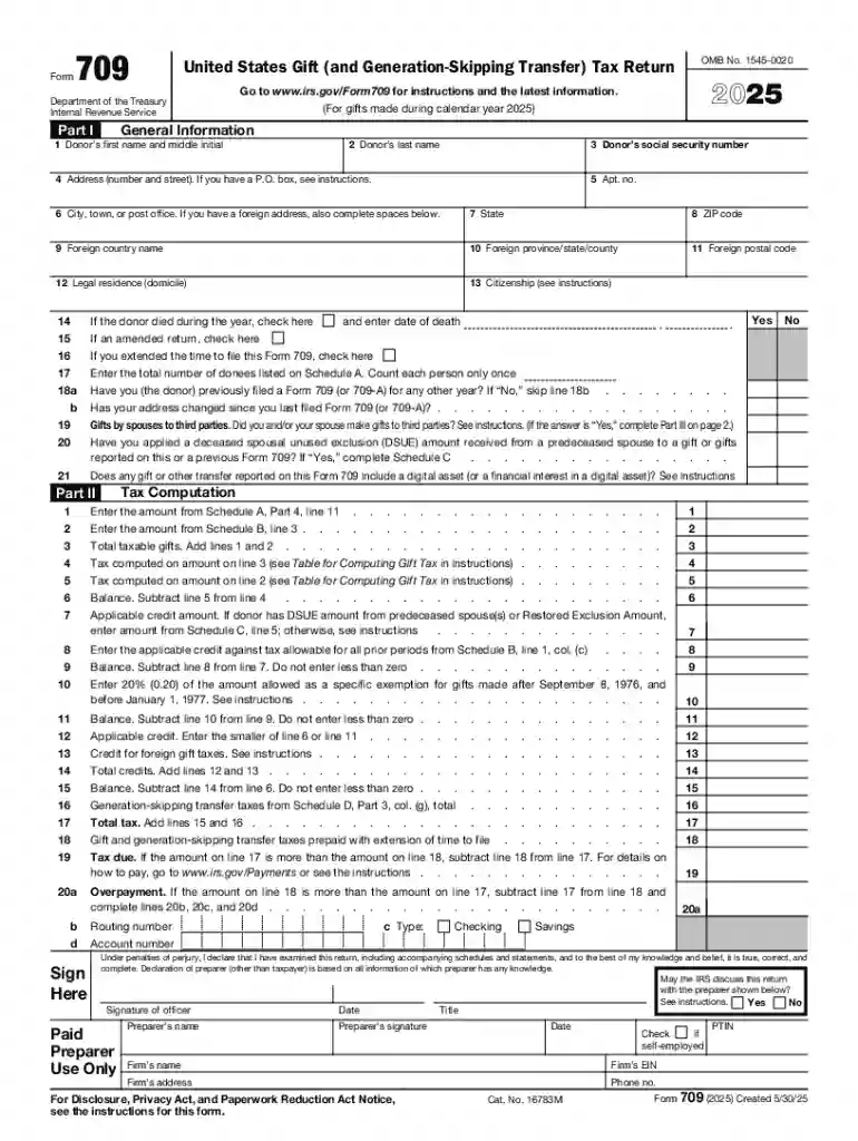 2025 Form 709 United States Gift (and Generation-Skipping Transfer) Tax Return Preview on Page 1