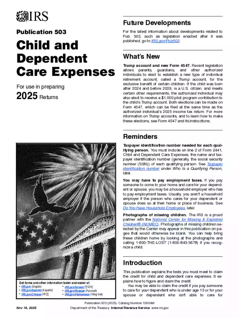 Text of IRS Publication 503: Child and Dependent Care Preview on Page 1