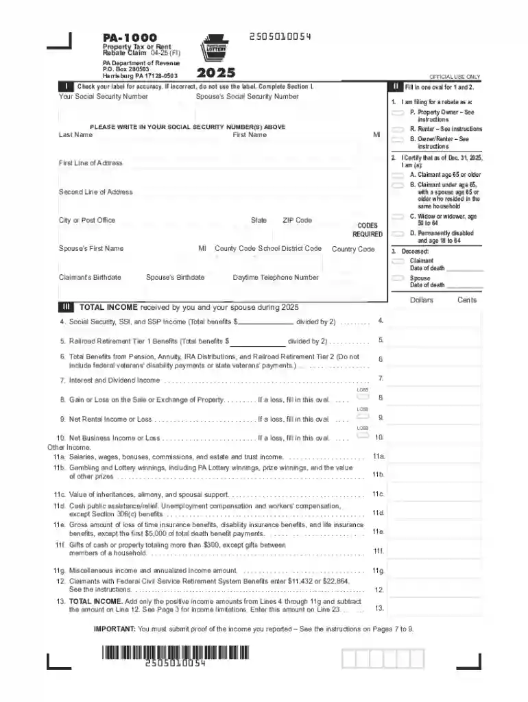 2025 Property Tax or Rent Rebate Claim (PA-1000) Forms Publications Preview on Page 1