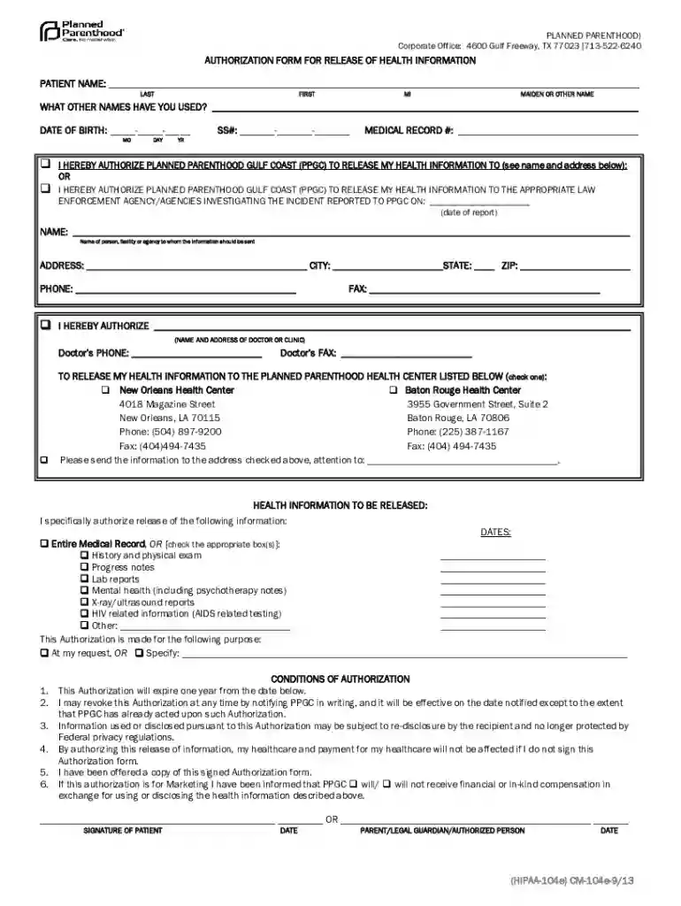 Planned Parenthood Health Information Release Form Preview on Page 1