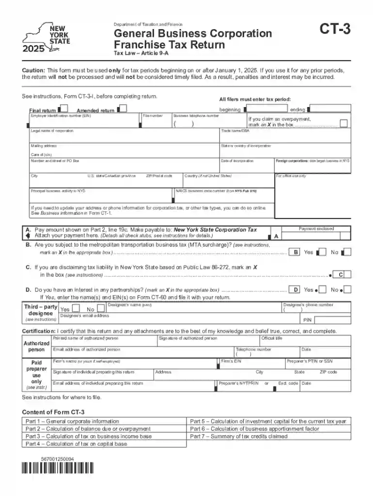 Form CT-3 General Business Corporation Franchise Tax Return Tax Year 2025 Preview on Page 1