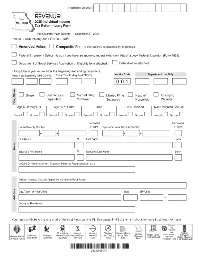 Form MO-1040 - 2025 Individual Income Tax Return - Long Form Preview on Page 1